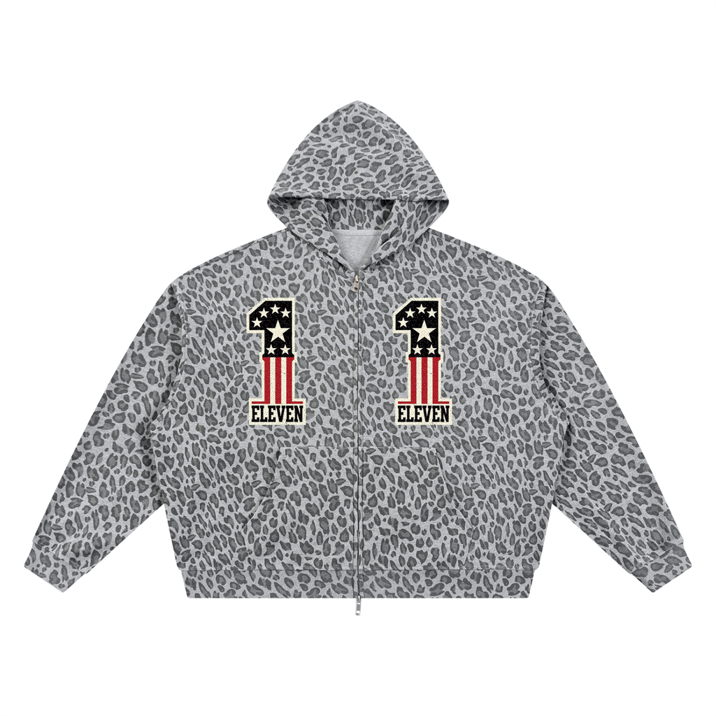 Unisex Leopard Print Waffle Full Zip Hoodie